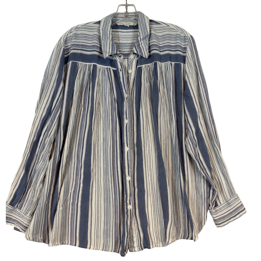 Vanilla Star Womens Blue White Striped Button Down Blouse Large Nautical Beachy